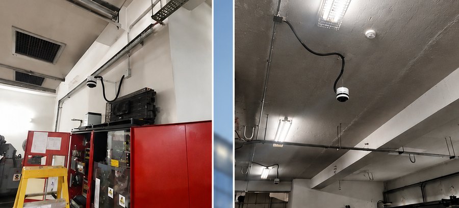 Visual smoke detection fisheye cameras installed in a plant room and corridor