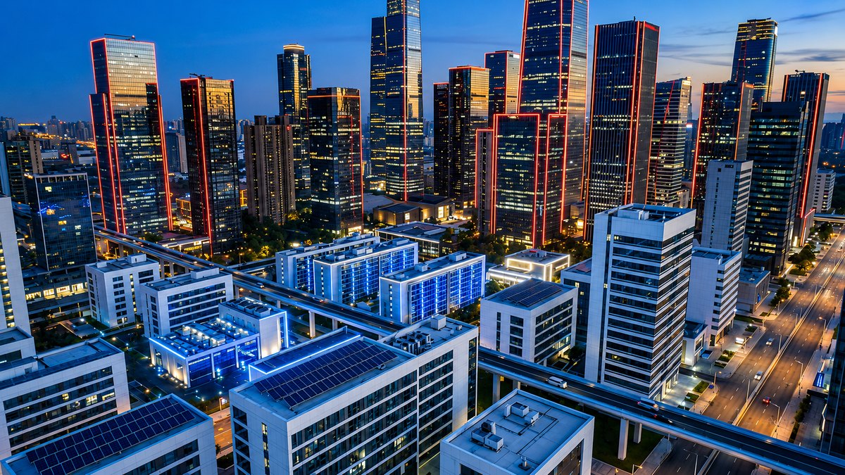 Modern city skyline at dusk