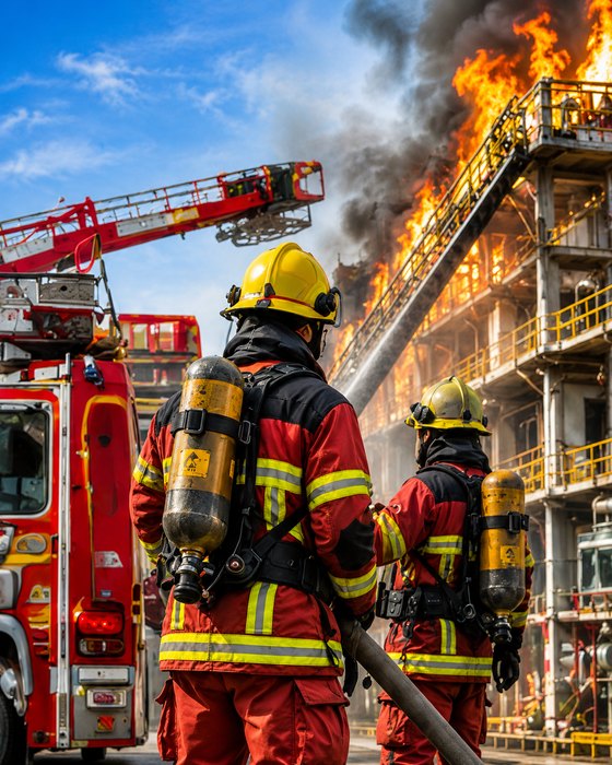 Firefighters tackling an industrial fire