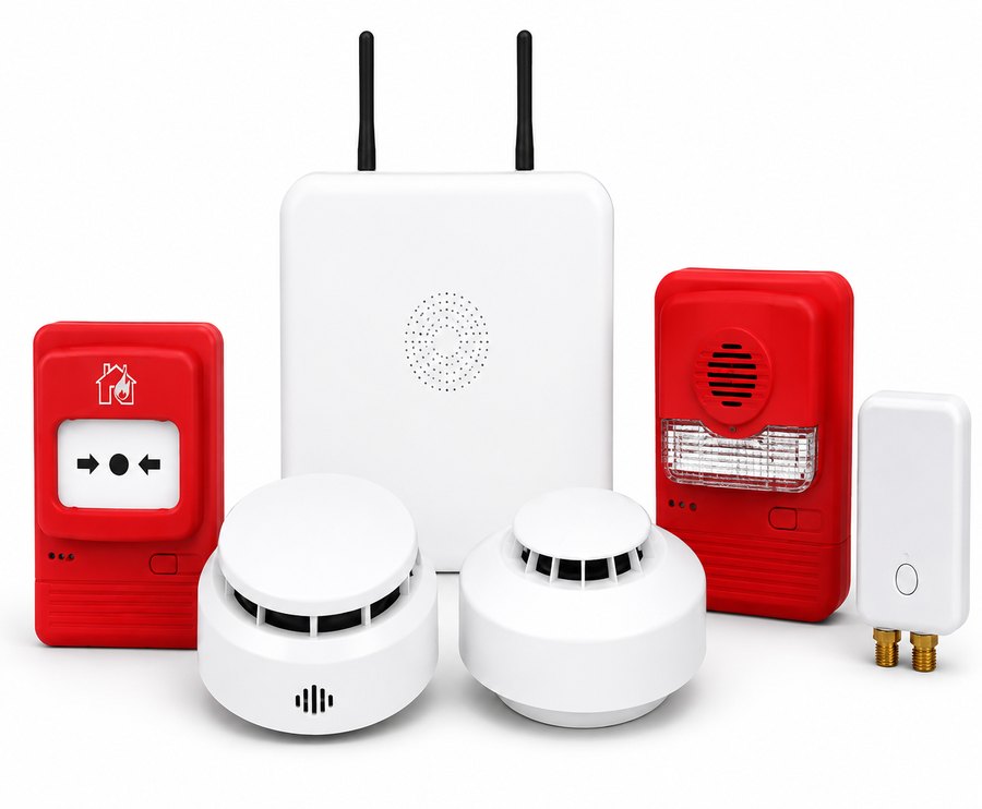 Pyrosenz 4G smart fire device with wireless gateway, call points and alarms