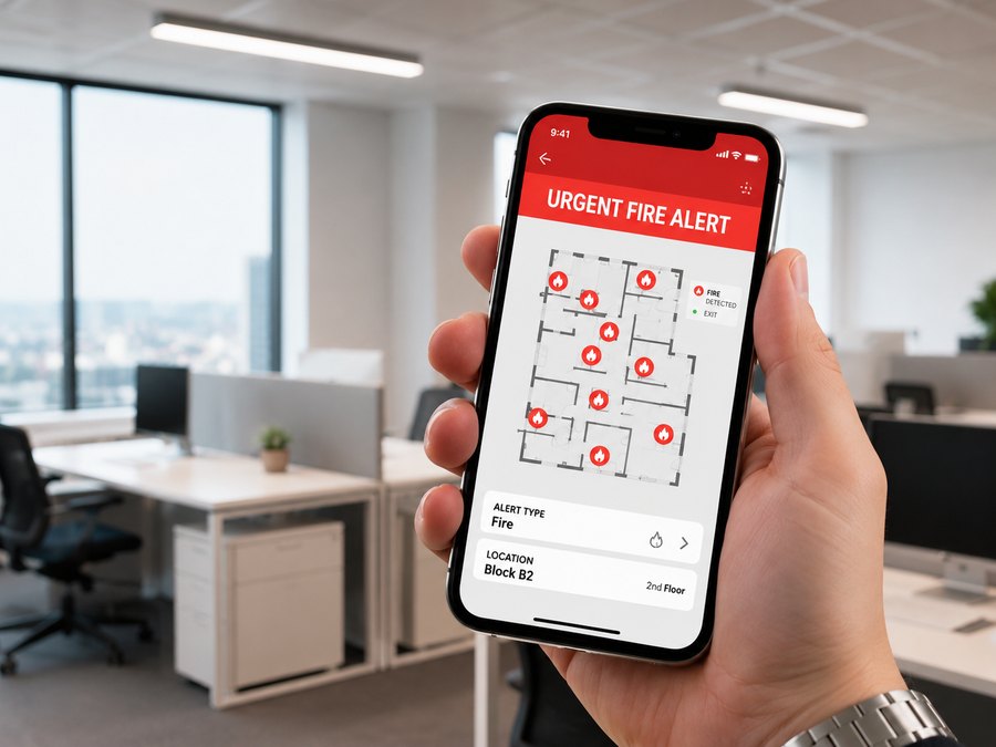 Pyrosenz cloud monitoring app showing an urgent fire alert on a mobile phone