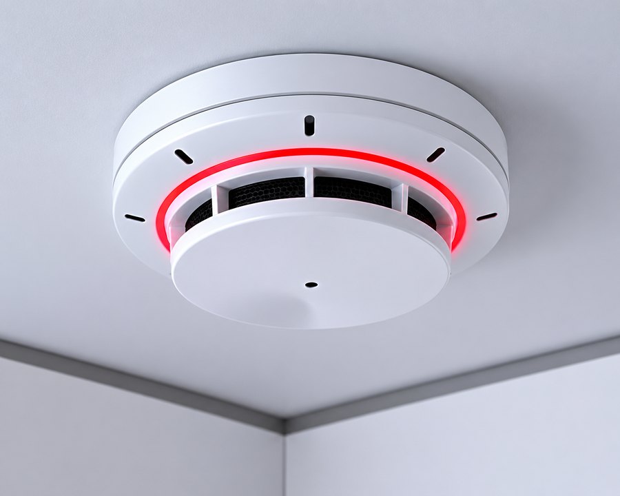 Pyrosenz smart smoke, gas and CO alarm mounted on a ceiling